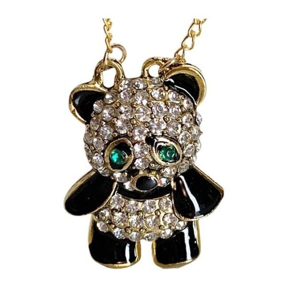 NEW Black White Rhinestone PANDA BEAR Long Necklace Green Eyes Gold Chain NWT - Picture 1 of 7